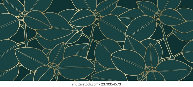 Dark luxury botanical background with golden outline of branches and leaves. Vector background for decor, wallpaper, covers, cards and presentations.