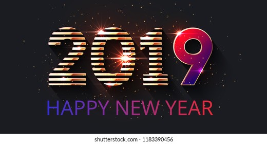 Dark luxury festive background with golden striped numbers for website headers, banners or greeting cards. 2019 text design. Happy New Year lettering