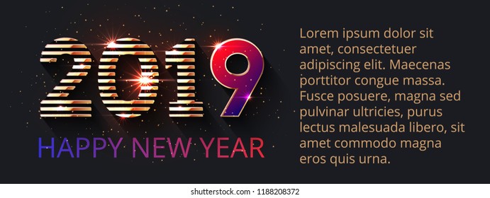 Dark luxury festive background with golden striped numbers for website headers, banners or greeting cards. 2019 text design. Happy New Year lettering