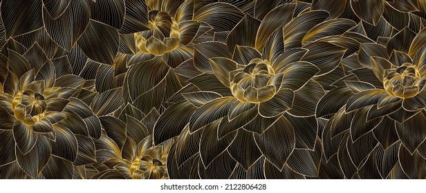 Dark luxury floral background with golden dahlia flowers in line art style. Botanical banner for design decoration, decor, web, wallpaper, textile 