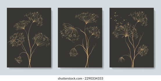 Dark luxury minimalistic art background with flowers and grass in golden art line style. Hand drawn botanical set for decor, packaging, textile, wallpaper, print, poster, fabric.