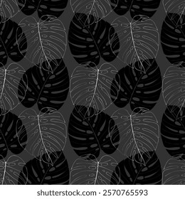 Dark luxury Monstera leaf pattern, silver outline leaves and silhouette of black Monstera leaves on dark background. Vector illustration
