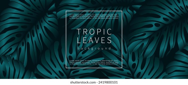 Dark luxury tropical background with monstera leaves. Botanical card, poster, banner, cover design.