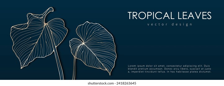 Diseño tropical de lujo oscuro con líneas doradas de hojas tropicales. Fondo botánico, papel tapiz, postal, diseño de portada