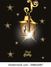 Dark magic background with gold street lantern and stars