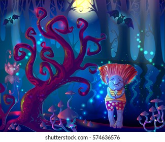 Dark Magic Enchanted Forest Template With Trees Mushrooms Pond Bats And Cute Troll Holding Flower Vector Illustration