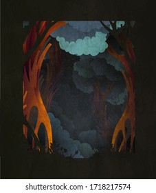 Dark magic fairytale forest background with space for text. Template for poster, print or greeting card