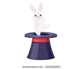 Dark magic hat with jumping rabbit vector illustration isolated on white background