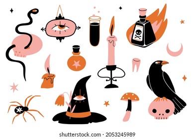 Dark magic illustrations. Cute funny cartoon characters and elements: raven, skull, spider, candle, poison, hat. Occult, witch symbols concept. Flat vector set for cards, print, party decoration
