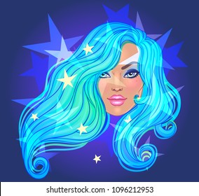 Dark magic. Mysterious girl with galaxy make up and with the sky full of stars in her hair, dyed purple. Art nouveau inspired. Astrology, mysticism concept. Vibrant colors. Vector zodiac illustration.