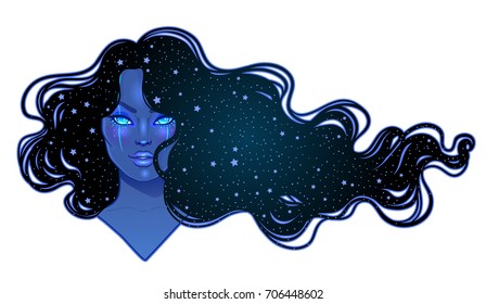 Dark magic. Mysterious girl with galaxy make up and with the sky full of stars in her hair. Art nouveau inspired. Astrology, mysticism concept. Vibrant colors. Vector zodiac illustration over white.