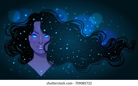 Dark magic. Mysterious girl with galaxy make up and with the sky full of stars in her hair. Art nouveau inspired. Astrology, mysticism concept. Vibrant colors. Vector zodiac illustration over black.