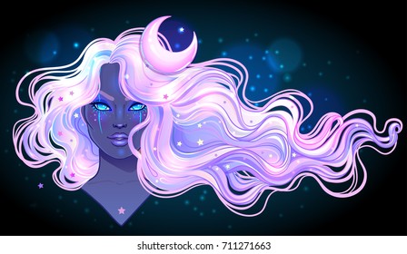 Dark magic. Mysterious girl with galaxy make up and with the sky full of stars in her hair, dyed purple. Art nouveau inspired. Astrology, mysticism concept. Vibrant colors. Vector zodiac illustration.
