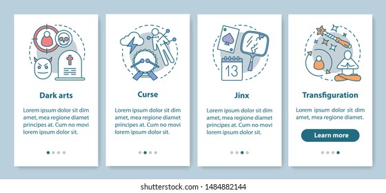 Dark magic onboarding mobile app page screen with linear concepts. Transfiguration, curse, jinx walkthrough steps graphic instructions. Witchcraft UX, UI, GUI vector template with illustrations