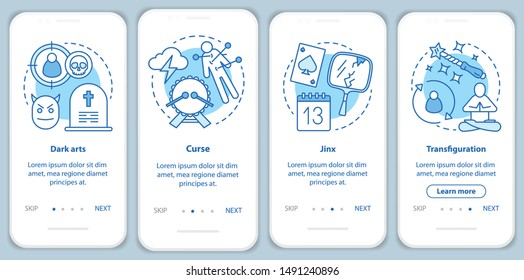Dark magic onboarding mobile app page screen with linear concepts. Transfiguration, curse spells walkthrough steps graphic instructions. Witchcraft UX, UI, GUI vector template with illustrations