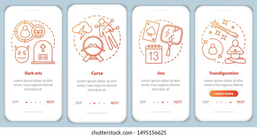 Dark magic onboarding mobile app page screen vector template. Transfiguration, curse spells walkthrough website steps with linear illustrations. UX, UI, GUI smartphone interface concept