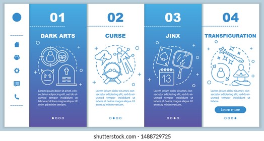 Dark magic onboarding mobile web pages vector template. Curse, jinx responsive smartphone website interface idea with linear illustrations. Webpage walkthrough step screens. Color concept 