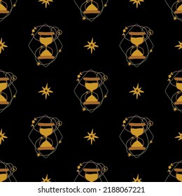 Dark magic pattern. Witchcraft seamless pattern. Hourglass, stars hand drawn background. Mystery symbol. Hourglass, planets, moon, stars decorative graphic print. Back to school vector illustration.
