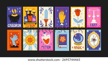 Dark magic posters in retro cartoon 90s style. Witchcraft postcards, candles, potions, pentagram, and mystical elements of Halloween night full of mystery. Vector scary card tarot set