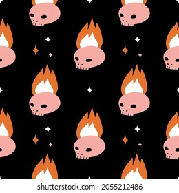 Dark magic seamless pattern with skull and fire an black. Hand drawn witchcraft esoteric texture for textile, paper, halloween party decoration. Witch occult symbols. Flat vector 