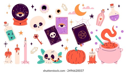 Dunkle magische Set von Halloween-Aufklebern. Nettes Set Kürbiskopf, Karten, Gift, Kerzen, Zauberbuch, Sterne, Skelett. Fröhliches Halloween, Trick oder Leckerbissen. Vektorgrafik im flachen Stil