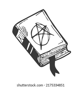 Dark magic spell book cartoon drawing, cute black and white wiccan grimoire. Isolated vector illustration.