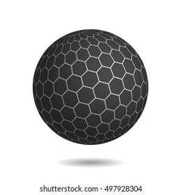 Dark magic sphere with surface of hexagons. Looks like unbreakable and very protected mysterious object. 3D vector illustration with shadow on white background.