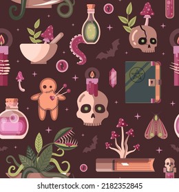 Dark magic and witchcraft pattern. Witch or warlock items for halloween design on seamless background. Voodoo ritual staff for prints, textiles and fabric designs.