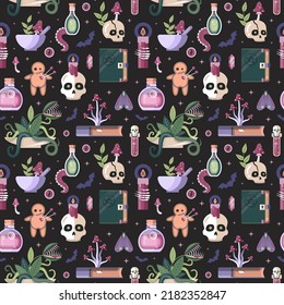 Dark magic and witchcraft pattern. Witch or warlock items for halloween design on seamless background. Voodoo ritual staff for prints, textiles and fabric designs.