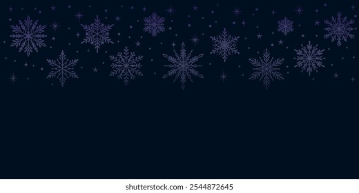 Dark magical elegant snow confetti, blue vector snowflake header winter holiday greeting background template, hand drawn wallpaper design