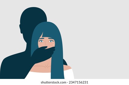 Silhouette masculina oscura que cubre con la mano la boca de una mujer llorando asustada, espacio de copia. Ilustración vectorial plana