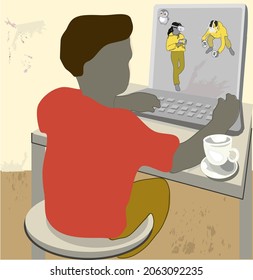 A dark man in a red T-shirt sits at a table with a laptop on it, work on the monitor, the drawing needs to be edited
