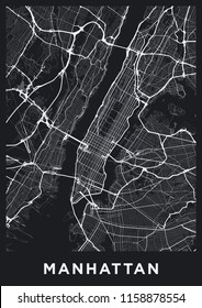 Dark Manhattan (New York) Map. Road Map Of Manhattan (NYC). Black And White (dark) Illustration Of Manhattan's Streets. Transport Network Of Manhattan. Printable Poster Format (portrait).