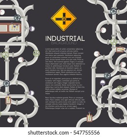 Dark manufacturing pipes background with text steel tubes valves taps and fittings vector illustration