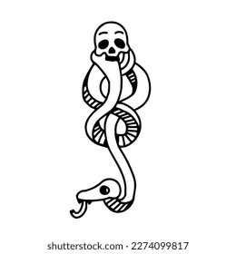 Dark Mark Skull and Snake in cartoon outline doodle style  Vector illustration isolated white background 