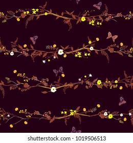 Dark maroon color Vector Seamless Pattern Hand Drawn Artwork Isolated yellow and orange Flowers and butterflies with Line shape