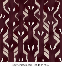 Donker kastanjebruin en wit patroon met symmetrische, verticale vormen. grunge lijnen ikat patroon, ikat naadloos patroon, Vector illustratie achtergrond voor het afdrukken van het papier.