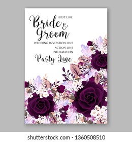 Dark marsala Rose wedding invitation card template burgundy peony ranunculus vector background for baby shower bridal shower invitation Winter floral pattern