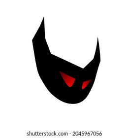 dark mask with red eyes and white background.