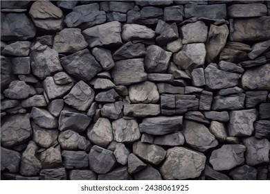 Dark masonry wall texture. Black stones and rocks of different shape, gray background