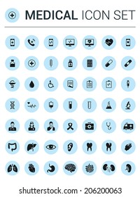 Dark medical icon set in light blue circles