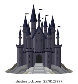 Dark medieval castle with towers and flags illustration. Vector illustration