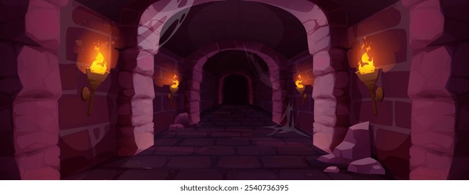 Dark medieval dungeon with stone wall for game background. Fantasy castle with brick floor in corridor. Spooky underground prison hallway with torch fire and arch architecture inside at night