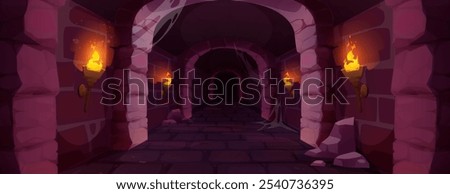 Dark medieval dungeon with stone wall for game background. Fantasy castle with brick floor in corridor. Spooky underground prison hallway with torch fire and arch architecture inside at night