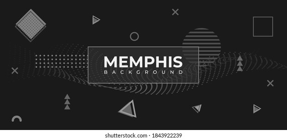 Dark Memphis background. Trendy geometric shapes and other elements. Applicable for brochure, cover, banner, web, social media post, music festival, sale banner.