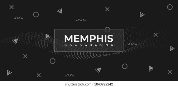 Fondo oscuro de Memphis. Formas geométricas y otros elementos de moda. Aplicable para folletos, portada, banner, web, publicación en medios sociales, festival de música, banner de venta.