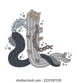 Dark Mermaid In Despair. Underwater Prisoner. Unhealthy Sea Queen. Depression, Mental Illness, Hopeless Woman. Magical Fantasy Illustration Of Emotional Condition. Cartoon Vector Illustration