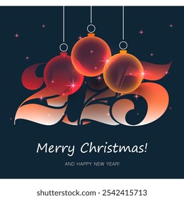 Dark Merry Christmas and Happy New Year Greeting Card with Hanging Christmas Balls, Creative Design Template for Best Wishes Cards, Year 2025