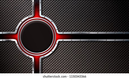 Dark metal perforated background with metallic technological elements.. For industrial and technology design. Vector illustration. 