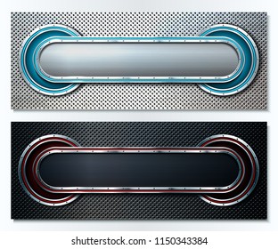 Dark metal perforated background with metallic technological elements.. For industrial and technology design. Vector illustration. 